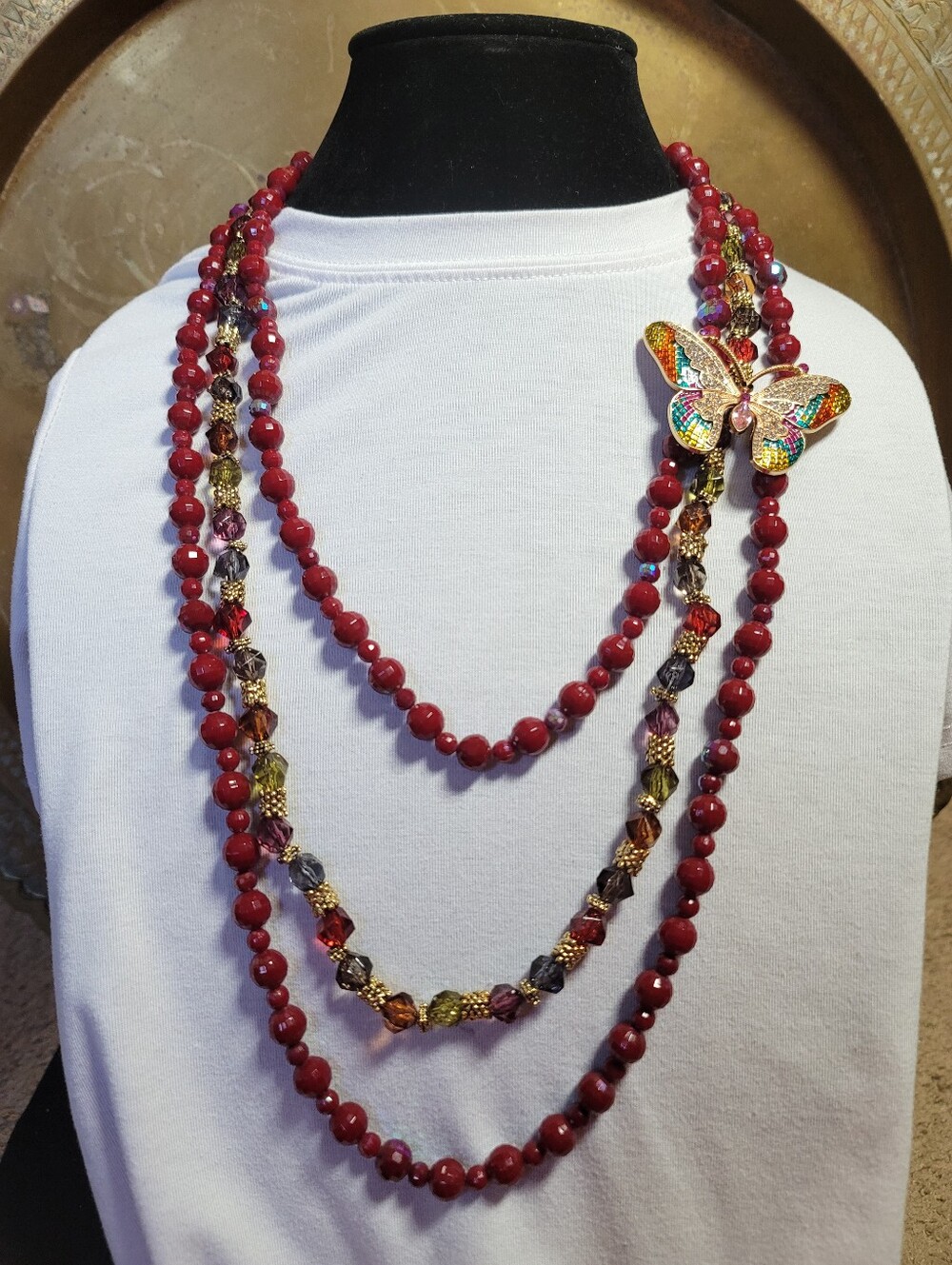 AB, Faceted Multi Lucite Necklace, Crystal, Enamel Butterfly Brooch - Vintage